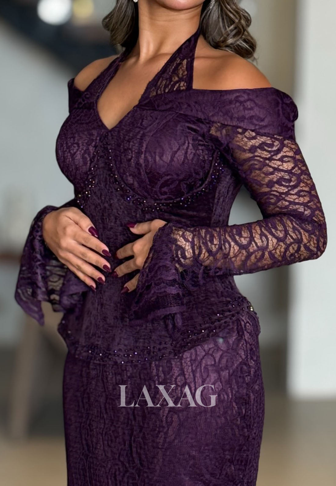 Halter-Sweetheart Long-Sleeves Formal Gowns Beaded Allover Lace Pleated Mermaid Evening Dress