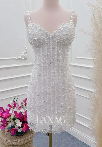 Sweetheart Spaghetti Straps Mermaid Wedding Dress Fully Beaded Pearls Short Boho Bride Gowns