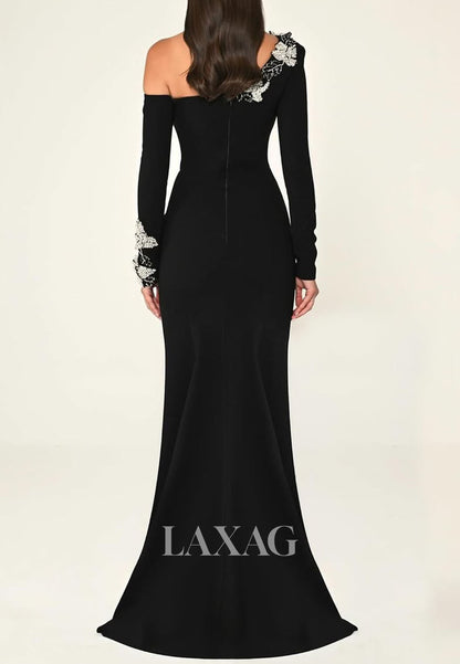 Asymmetrical-Neck Satin Mermaid Evening Dress Long-Sleeves Beaded Floral Formal Gowns