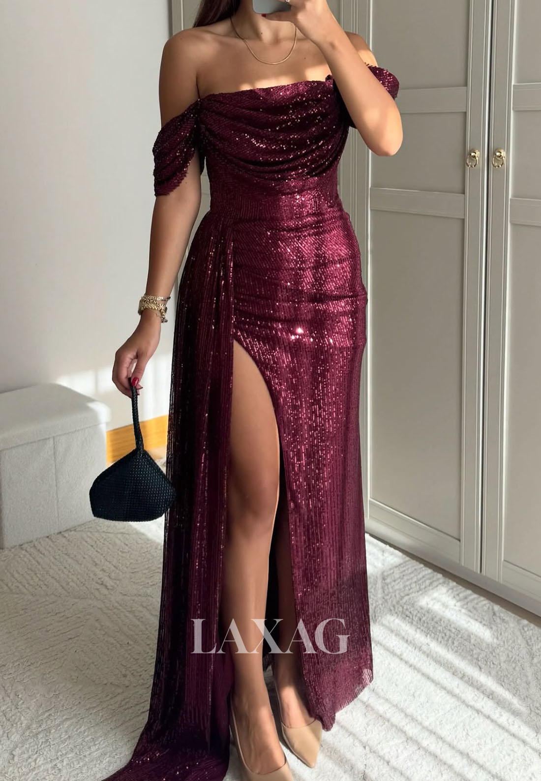 Bateau-Neck Off-Shoulder Sleeveless Fully Sequined Pleated High Slit Mermaid Evening Dress
