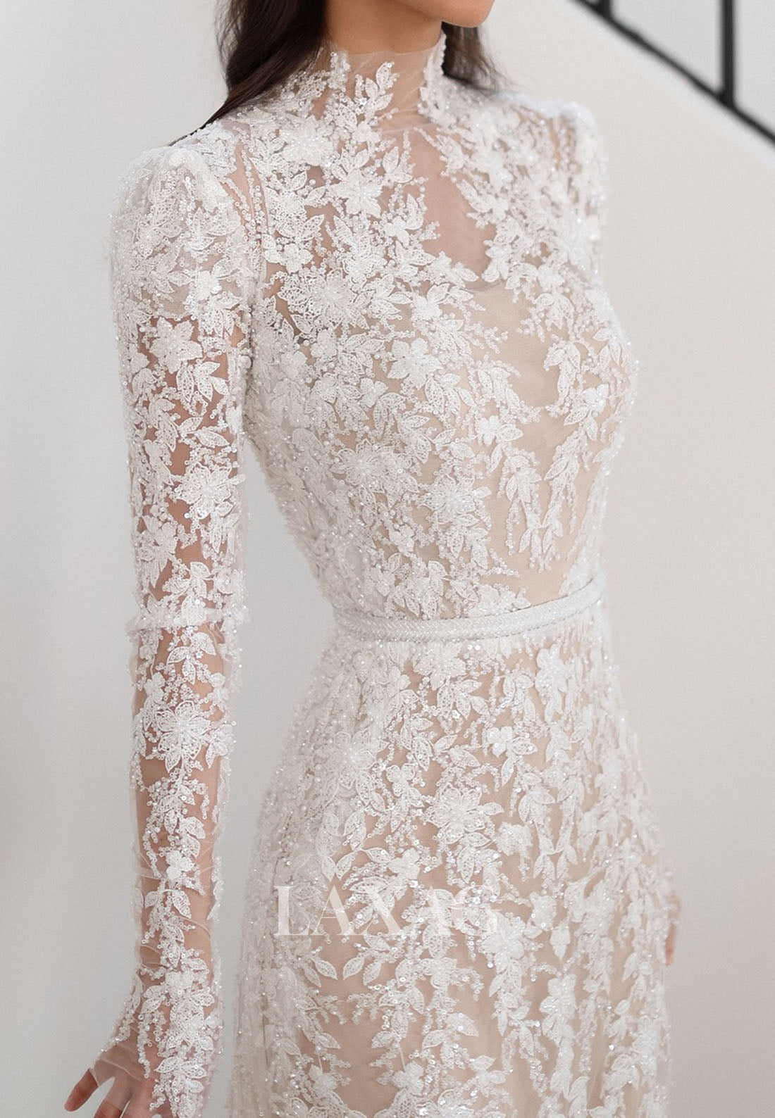 Allover Lace Applique High-Neck Long-Sleeves Pleated Sheer Mermaid Wedding Dress with Train