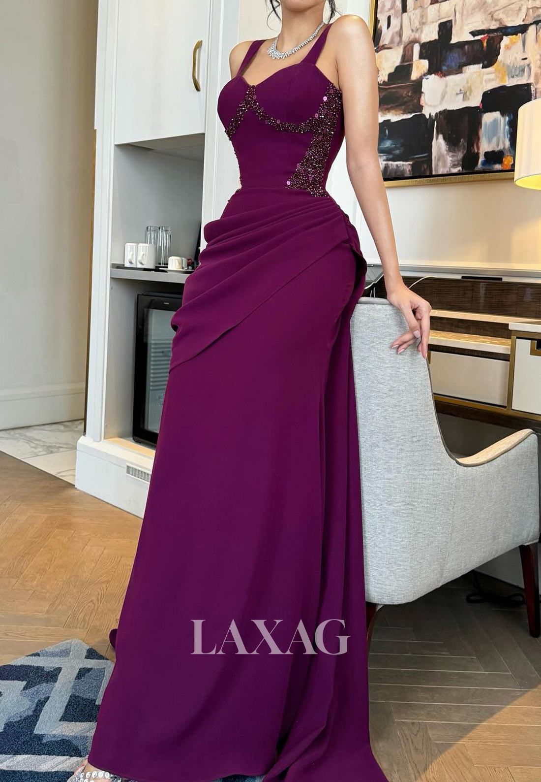 Sweetheart Straps Sleeveless Sequined Beaded Satin Pleated Mermaid Evening Dress