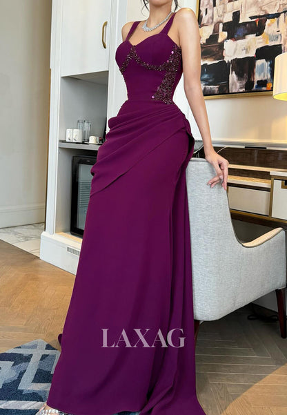 Sweetheart Straps Sleeveless Sequined Beaded Satin Pleated Mermaid Evening Dress