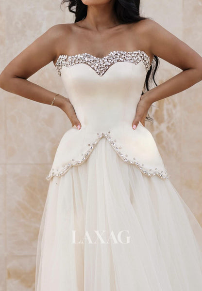 Sweetheart Off-Shoulder Sleeveless Rhinestone Beaded Pleated Satin&Tulle A-Line Wedding Dress