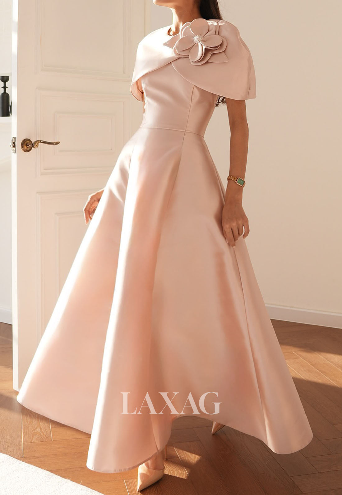 Scoop-Neck Sleeveless Floral Embossed Satin Ankle-Length A-Line Evening Dress with Overlay