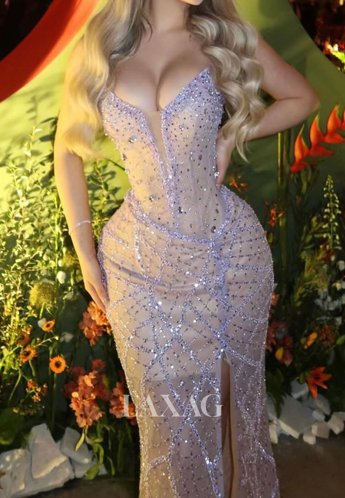 V-Neck Off-Shoulder Pleated Tulle Party Gowns Fully Sequined Beaded High Slit Mermaid Prom Dress