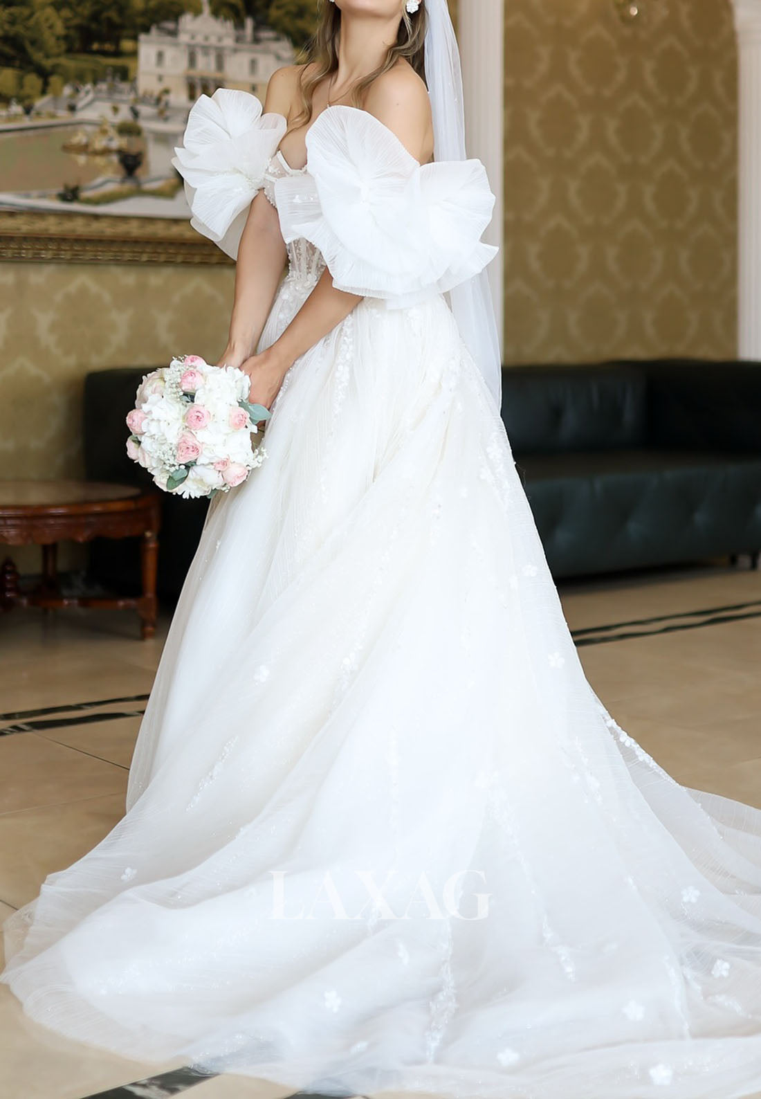 A-Line Sweetheart Pleated Tulle Wedding Dress Short-Puff-Sleeves Sequined Beaded Bride Gowns