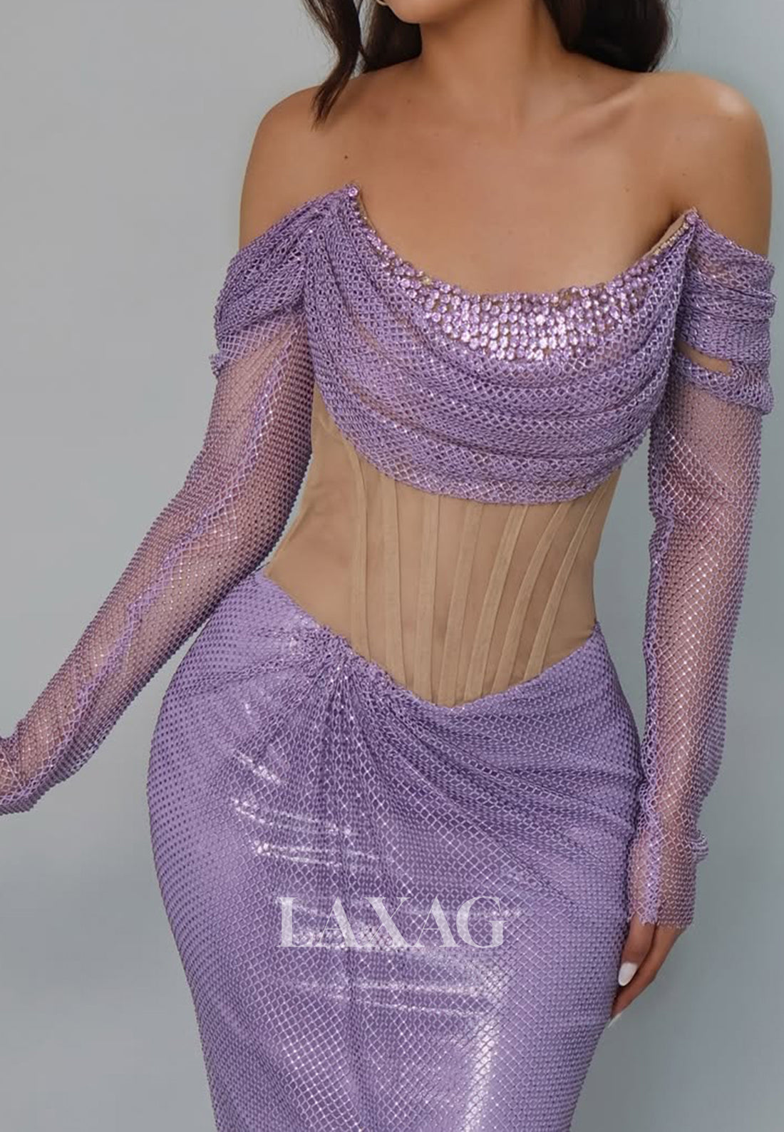 Scoop-Neck Long-Sleeves Tulle Pleated Party Gowns Off-Shoulder Rhinestone Mermaid Prom Dress