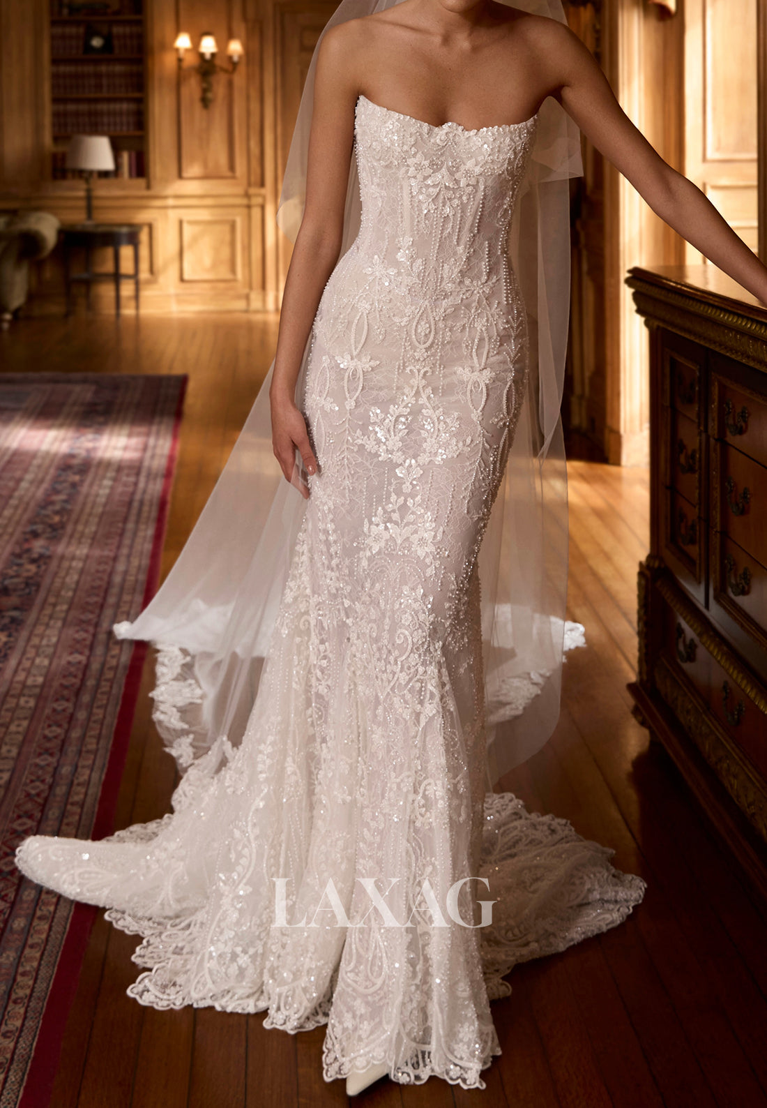 Bateau-Neck Sleeveless Fully Sequined Beaded Lace Sweep Train Mermaid Wedding Dress