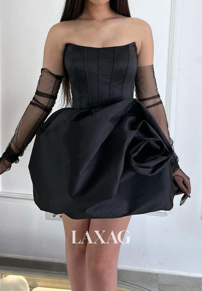 Scoop-Neck Off-Shoulder Pleated Satin A-Line Homecoming Dress with Long-Tulle-Gloves