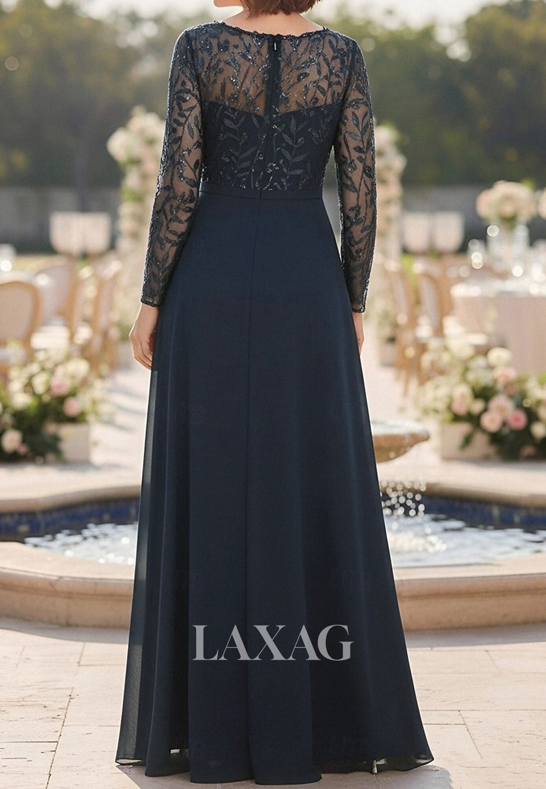 Scoop-Neck Long-Sleeves Sequined Applique Tulle&Satin A-Line Mother of the Bride Dress