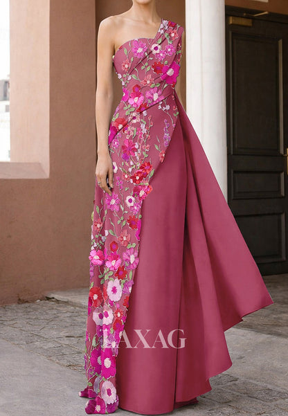 Asymmetrical-Neck Sleeveless 3D-Floral Jacquard Satin Pleated Floor-Length Fitted Evening Dress