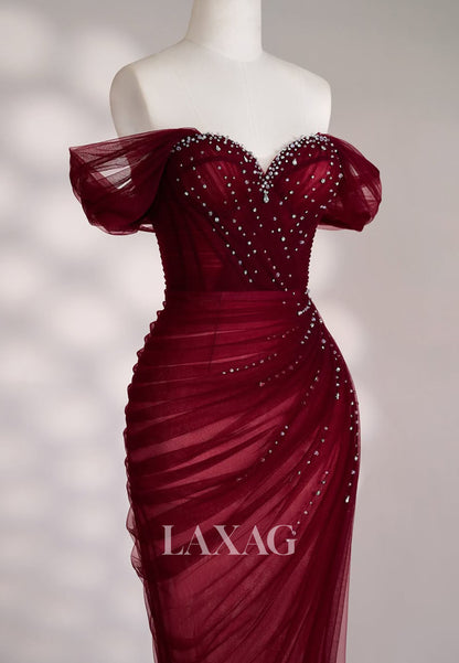 Off-Shoulder Floor-Length Beaded Mermaid Prom Dress Sweetheart Pleated Tulle Party Gowns