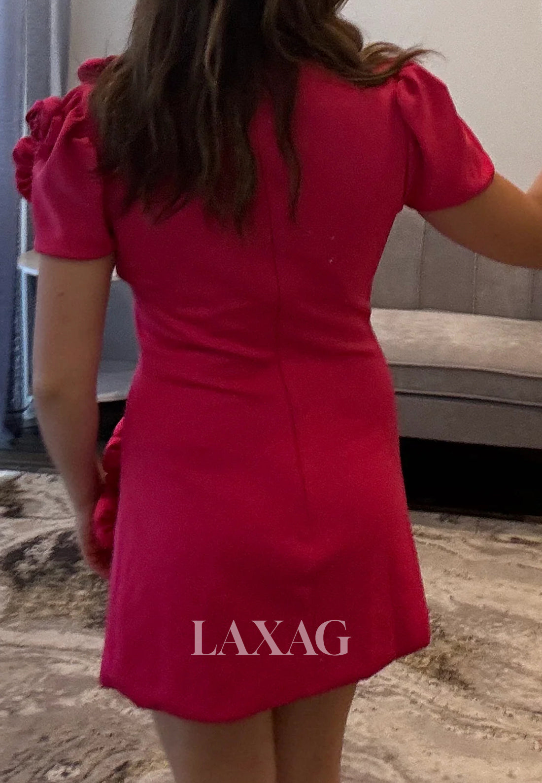 Scoop-Neck Cap-Sleeves Floral Embellished Fitted Satin Short Party Homecoming Dress