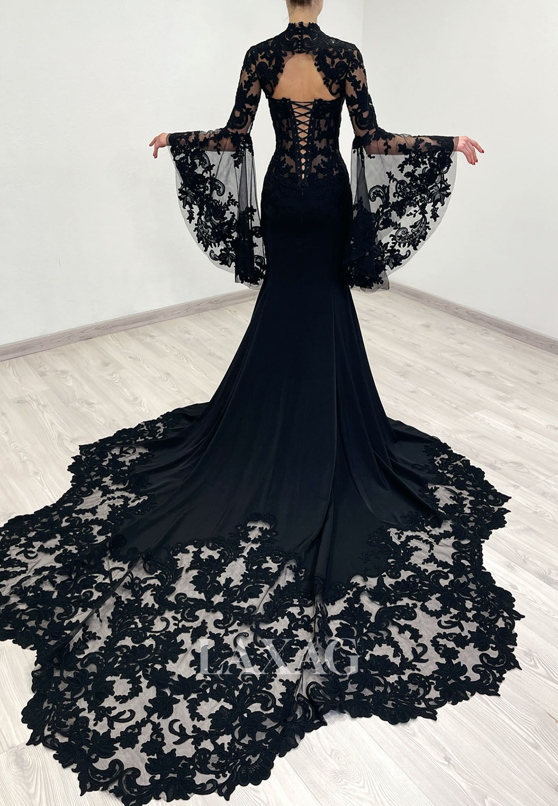 Sweetheart Long-Bell-Sleeves Sheer Pleated Satin&Lace Mermaid Wedding Dress with Train