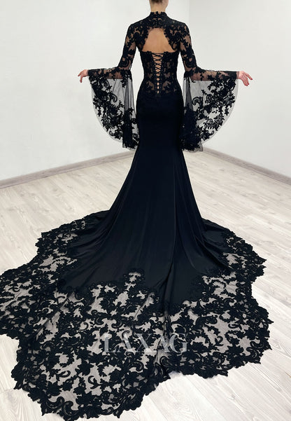 Sweetheart Long-Bell-Sleeves Sheer Pleated Satin&Lace Mermaid Wedding Dress with Train