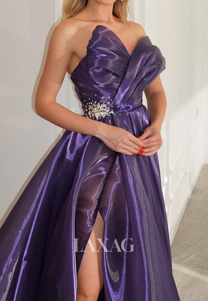 V-Neck Sleeveless A-Line Prom Dress Off-Shoulder Beaded Pleated Chiffon Party Gowns with High Slit