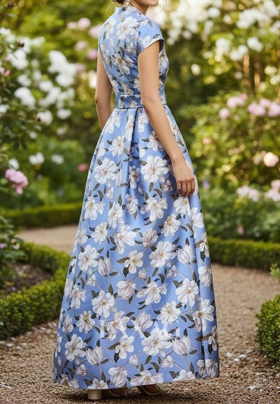 V-Neck Collared Cap-Sleeves Print-Satin Floor-Length A-Line Mother of the Bride Dress