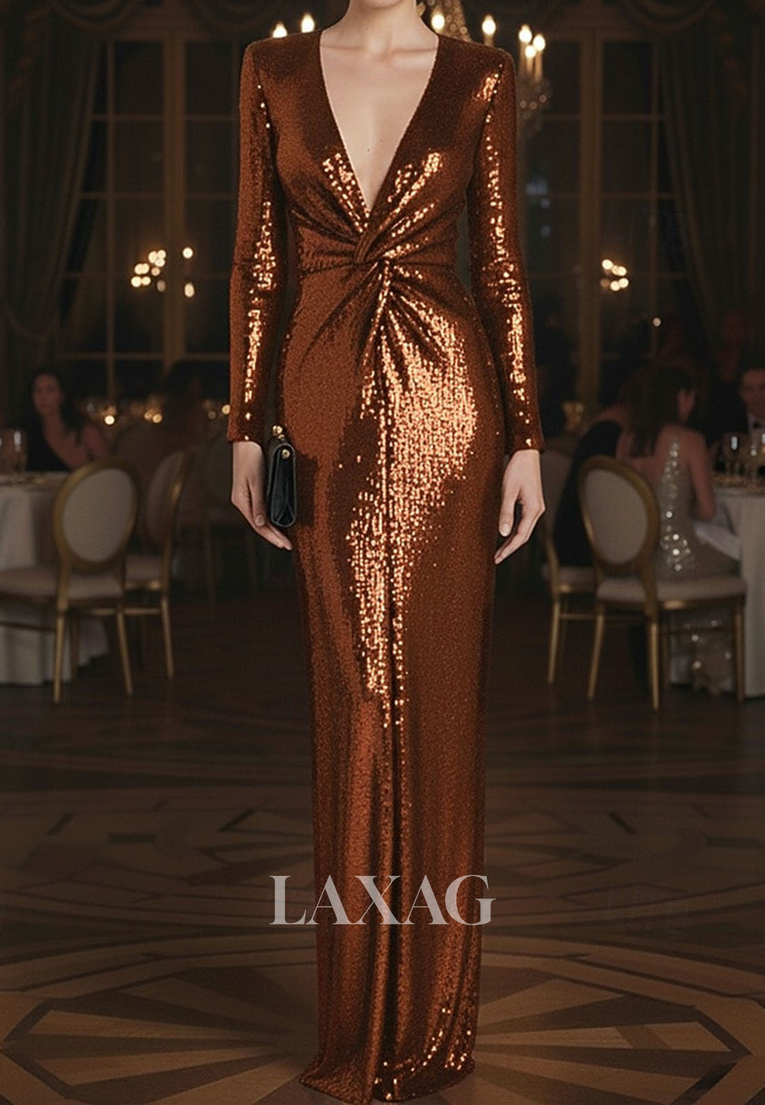 Deep V-Neck Long-Sleeves Fully Sequined Pleated Floor-Length Mermaid Formal Evening Dress