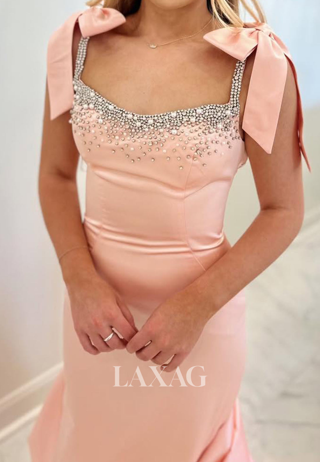 Scoop-Neck Spaghetti Straps Beaded Mermaid Prom Dress Satin Sweep Train Party Gowns with Bows