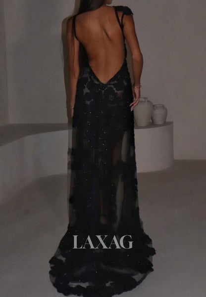 Scoop-Neck Sleeveless Beaded Sequined Applique Tulle High Slit Mermaid Prom Dress