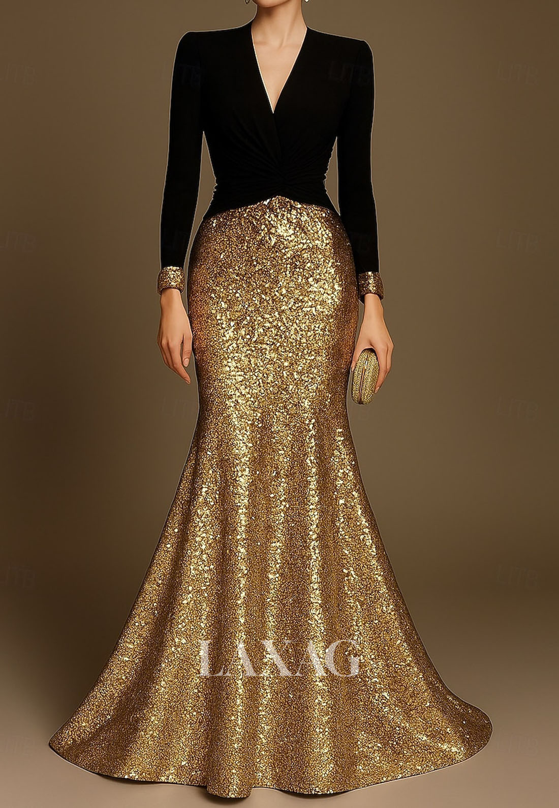 V-Neck Long-Sleeves Floor-Length Formal Gowns Sequined Satin Trumpet Mermaid Evening Dress
