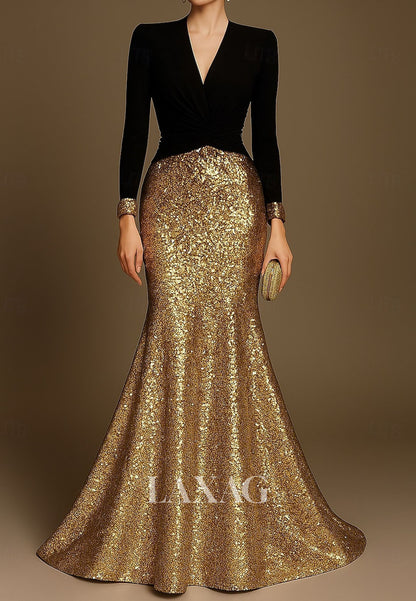 V-Neck Long-Sleeves Floor-Length Formal Gowns Sequined Satin Trumpet Mermaid Evening Dress