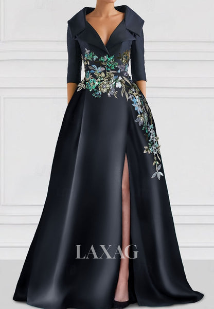 A-Line V-Neck Collared 3/4-Sleeves Evening Dress Sequined Floral Embellished Satin Formal Gowns