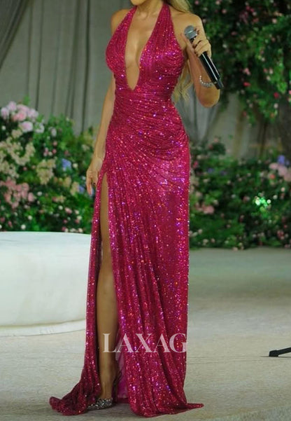 Halter Deep V-Neck Sleeveless Slit Party Gowns Fully Sequined Floor-Length Mermaid Prom Dress