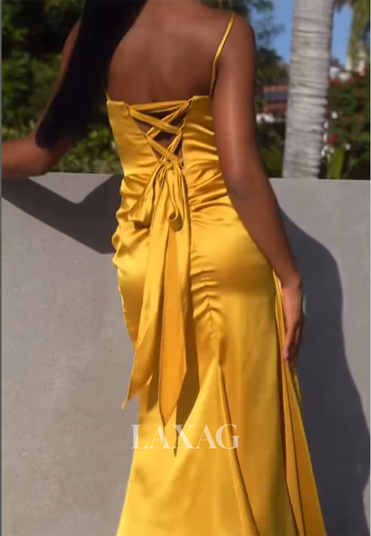 Sweetheart Spaghetti Straps Mermaid Prom Dress Sleeveless Beaded Satin Pleated Slit Party Gowns