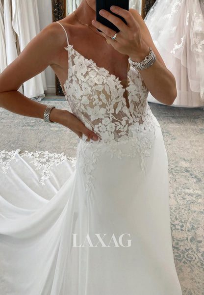 V-Neck Spaghetti Straps Sleeveless Lace Applique Chiffon A-Line Wedding Dress with Train
