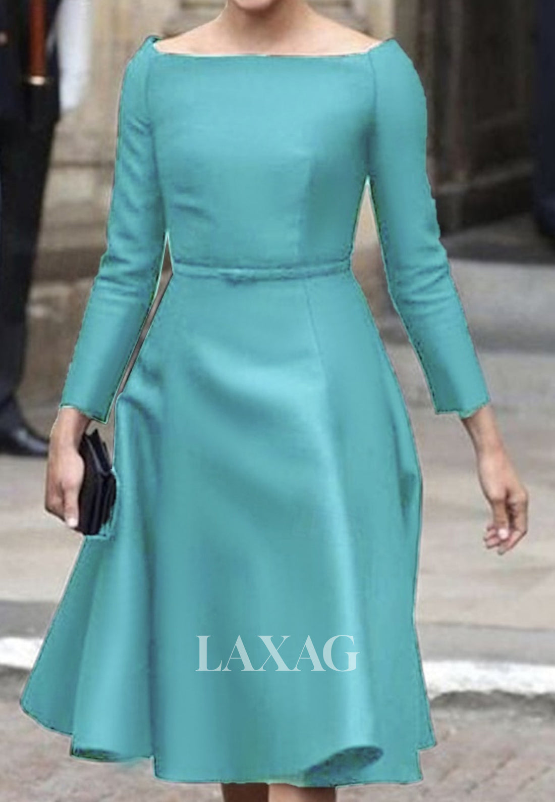 Bateau-Neck Long-Sleeves Knee-Length Satin Simple A-Line Mother of the Bride Dress