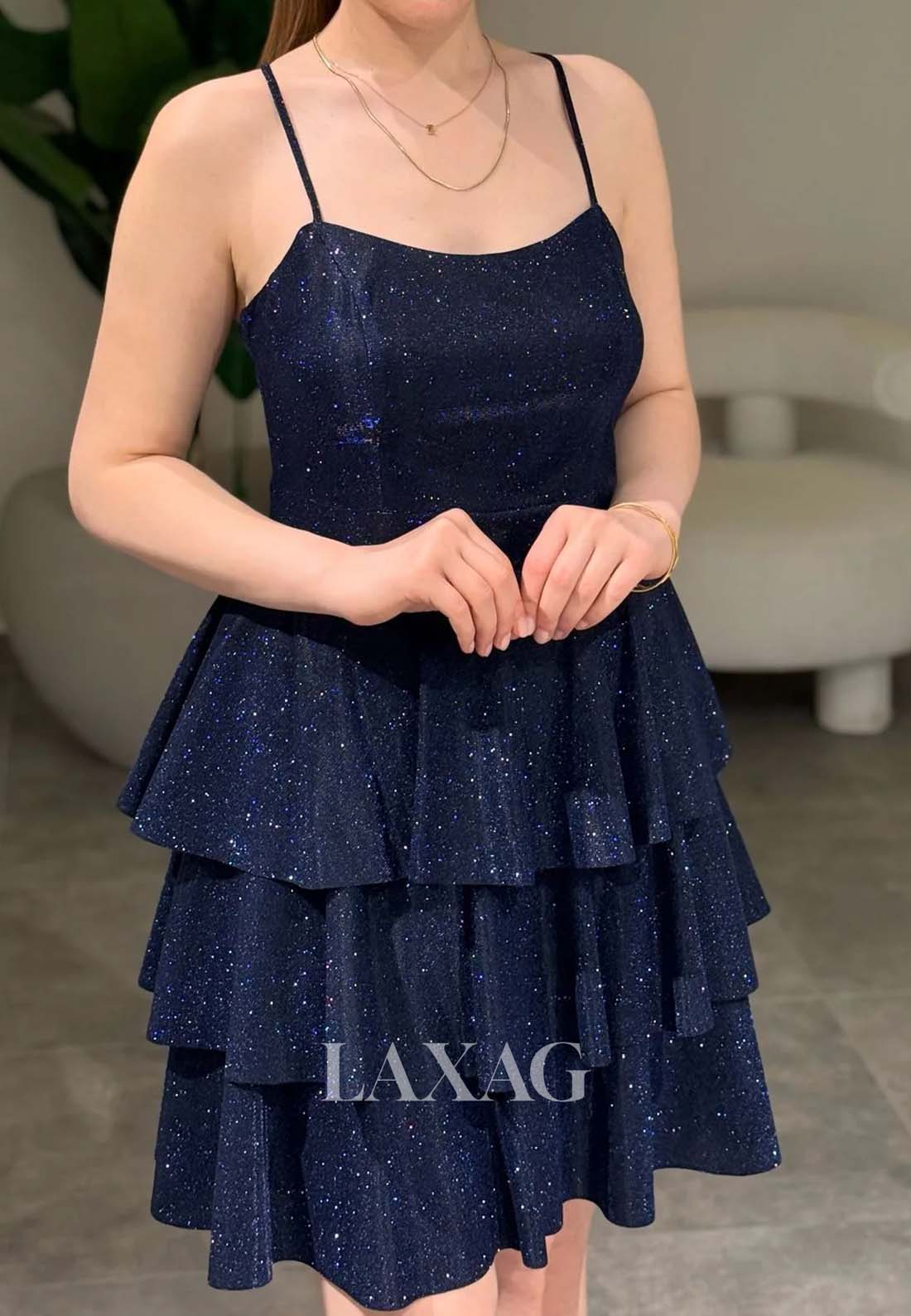 Scoop-Neck Spaghetti Straps Off-Shoulder Pleated Glitter-Knit Tiered A-Line Party Homecoming Dress