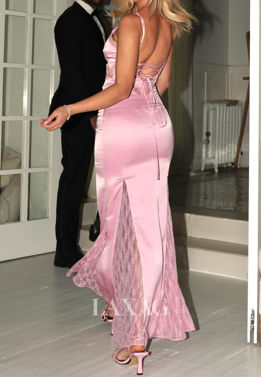 V-Neck Spaghetti Straps Satin&Lace Mermaid Prom Dress Sleeveless Ankle-Length Party Gowns