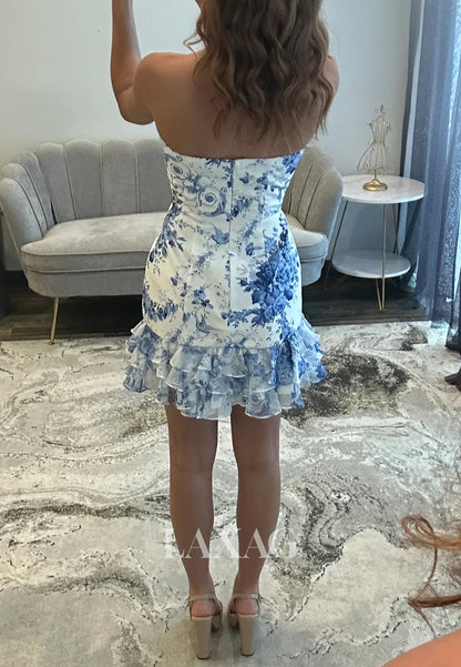 Tube Top Off-Shoulder Sleeveless Print-Chiffon Tiered Short Mermaid Party Homecoming Dress