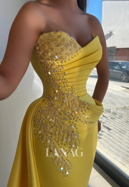 Sweetheart Sleeveless Pleated Satin Formal Gowns Sequined Beaded Sweep Train Mermaid Evening Dress