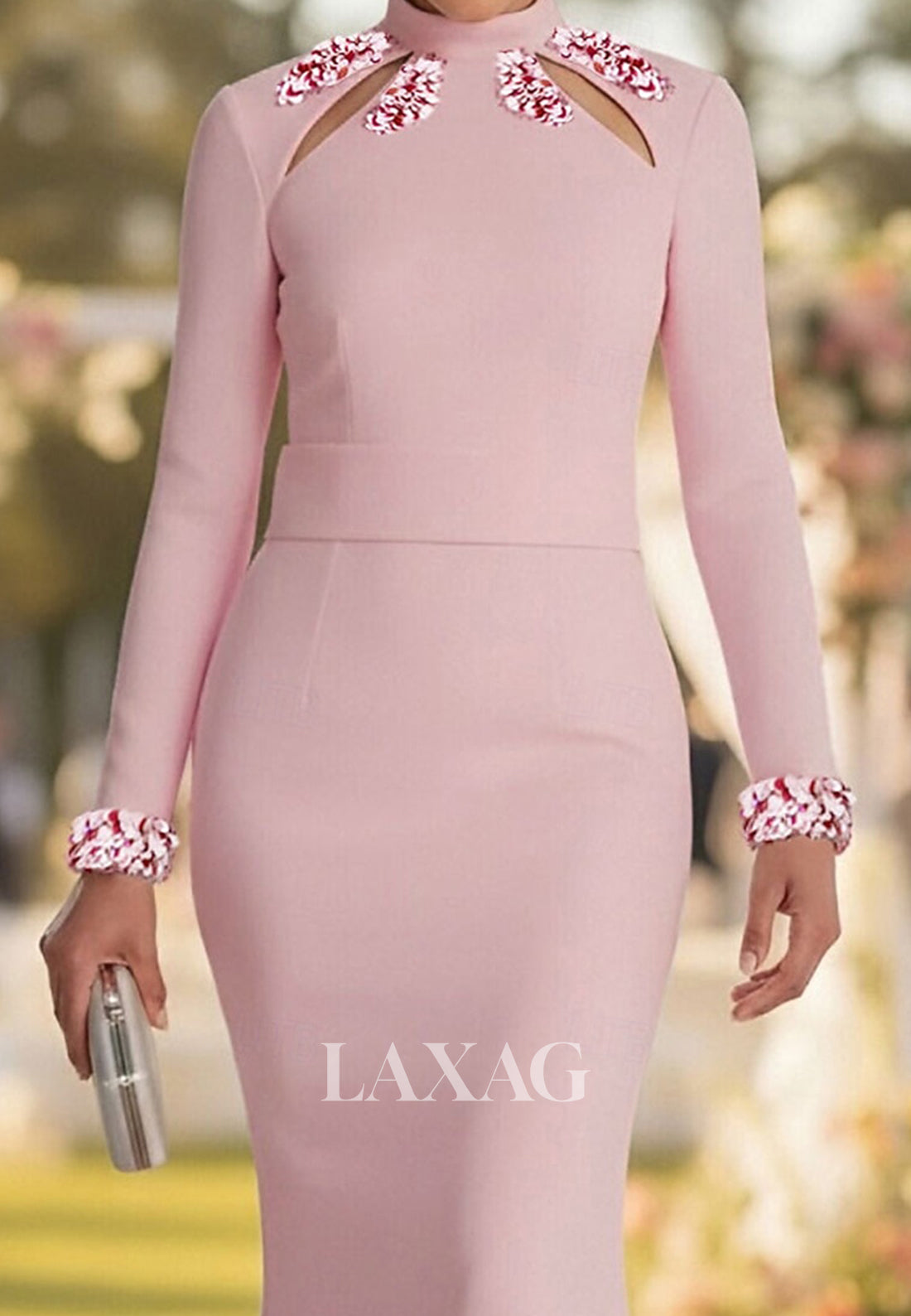 High-Neck Long-Sleeves Sequined Satin Cutout Floor-Length Mermaid Evening Dress