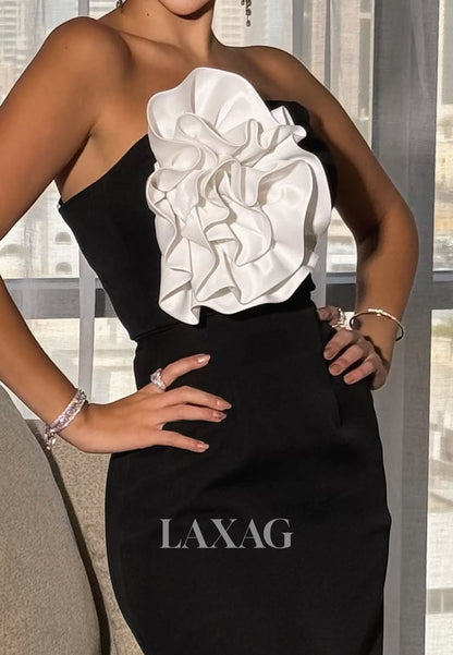 Tube Top Sleeveless Floral Embellished Two Tone Satin Floor-Length Slit Mermaid Evening Dress