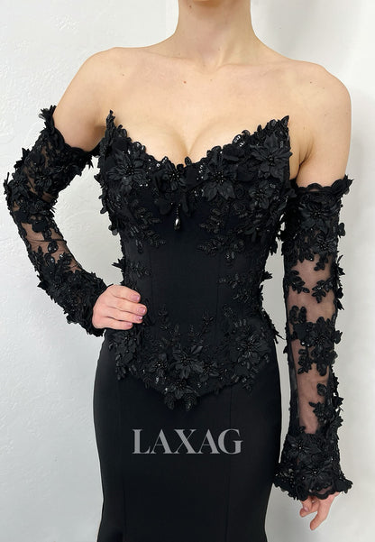 V-Neck Off-Shoulder Pleated Satin Formal Gowns Floral Embellished Mermaid Wedding Dress with Gloves