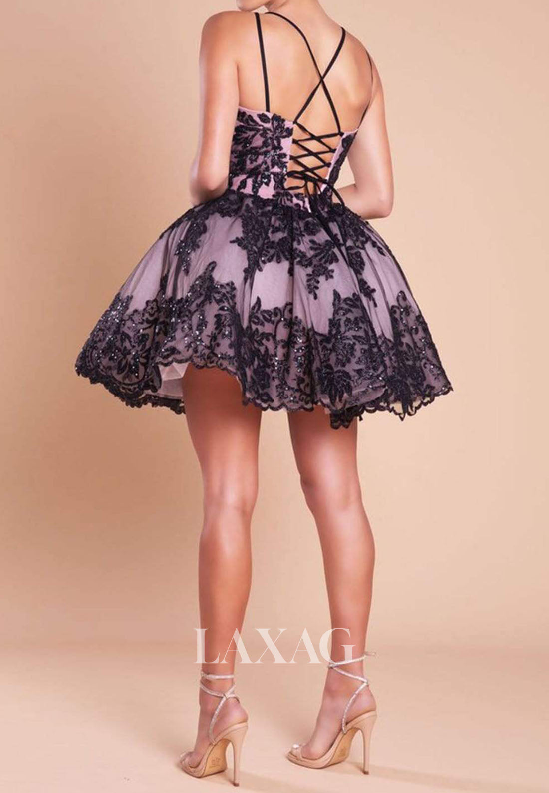 Deep V-Neck Spaghetti Straps Sequined Applique Pleated Tulle A-Line Party Homecoming Dress