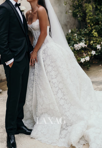 Sweetheart Off-Shoulder Sleeveless Allover Lace Applique A-Line Wedding Dress with Train