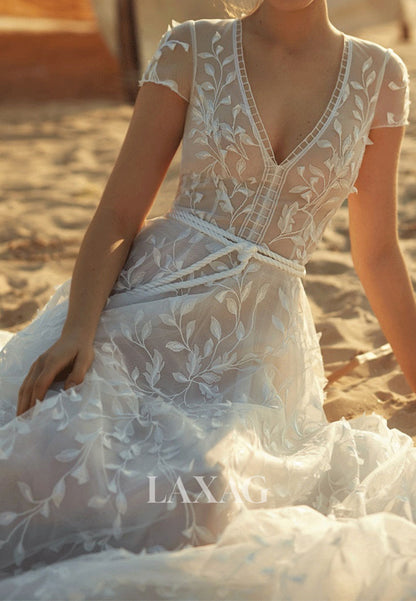 Deep V-Neck Cap-Sleeves Applique Tulle Pleated Sheer A-Line Wedding Dress with Train