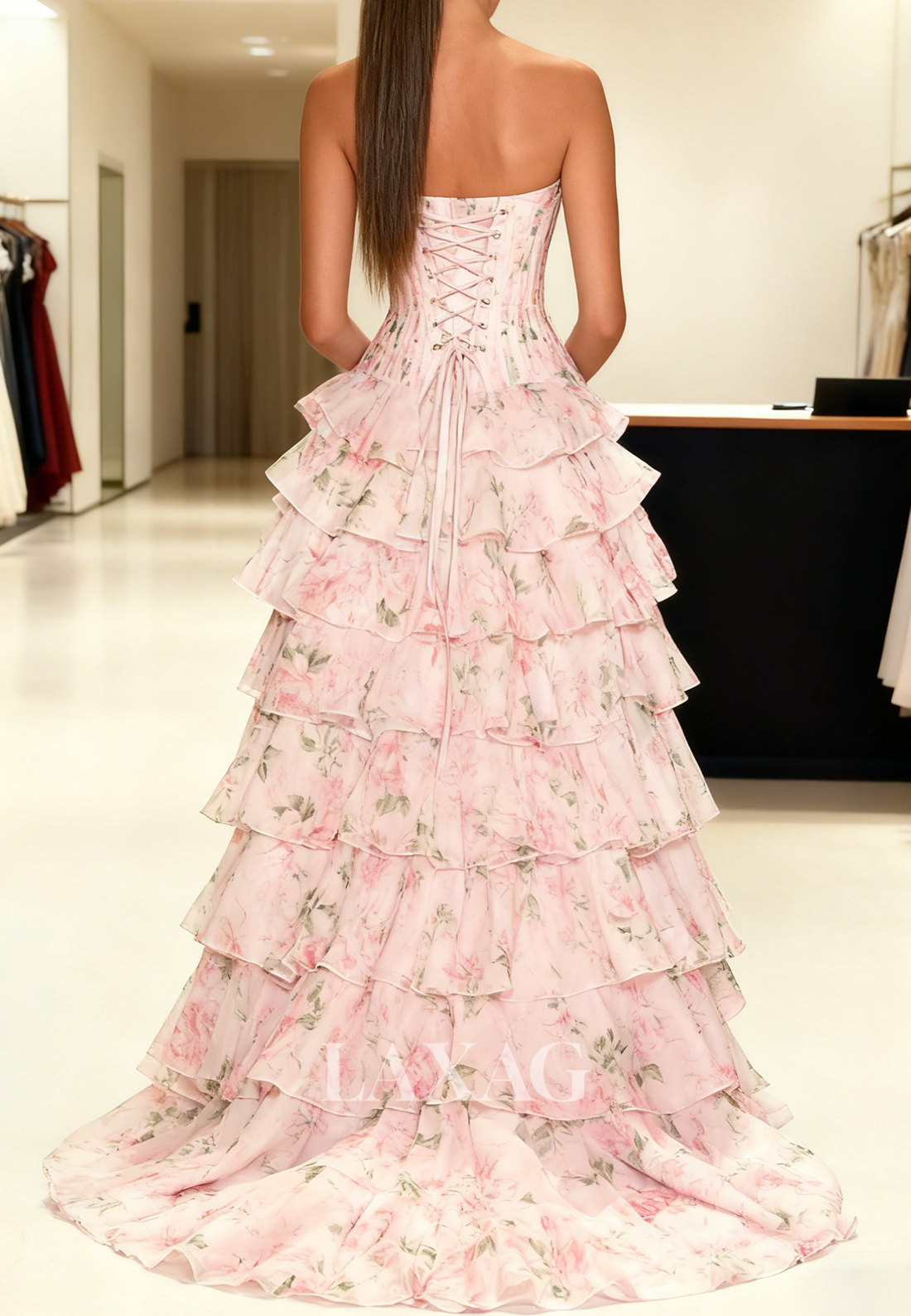 Off-Shoulder Sleeveless Beaded Party Gowns Sweetheart Print-Chiffon Pleated Tiered A-Line Prom Dress