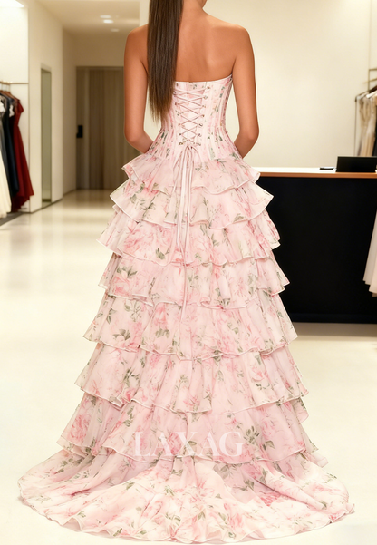 Off-Shoulder Sleeveless Beaded Party Gowns Sweetheart Print-Chiffon Pleated Tiered A-Line Prom Dress