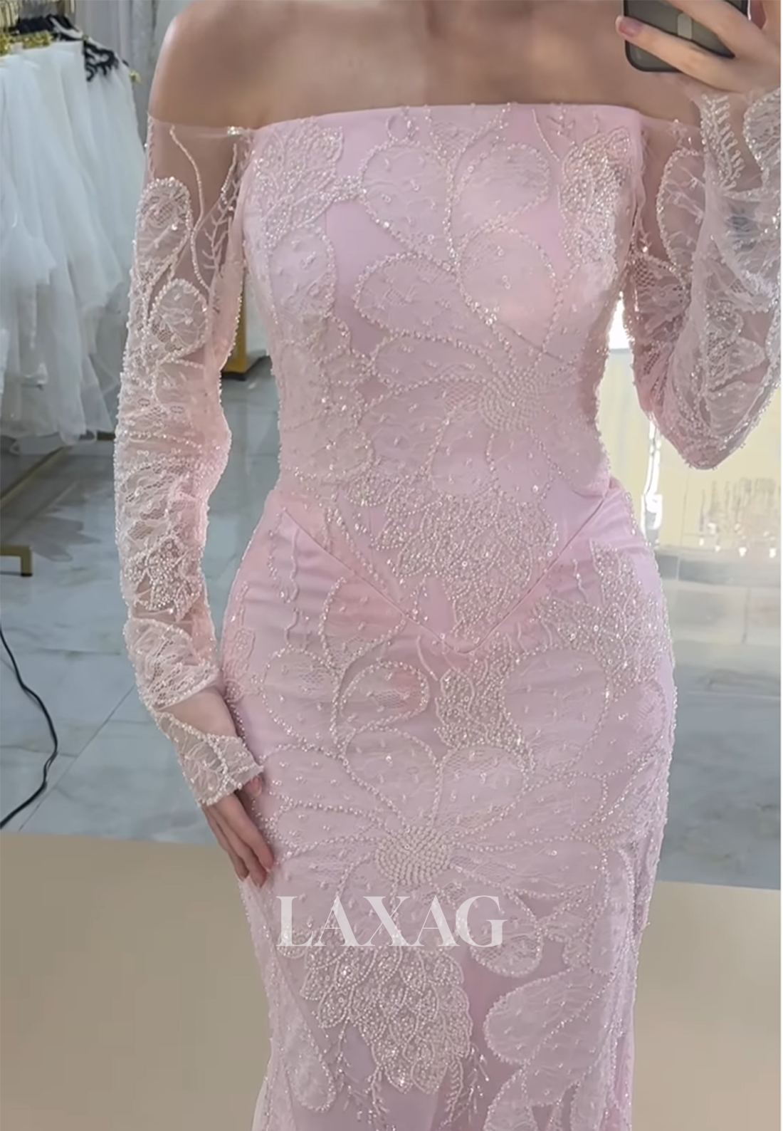 Bateau-Neck Long-Sleeves Meramid Evening Dress Fully Sequined Beaded Formal Gowns