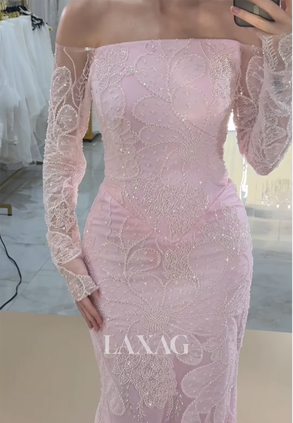 Bateau-Neck Long-Sleeves Meramid Evening Dress Fully Sequined Beaded Formal Gowns