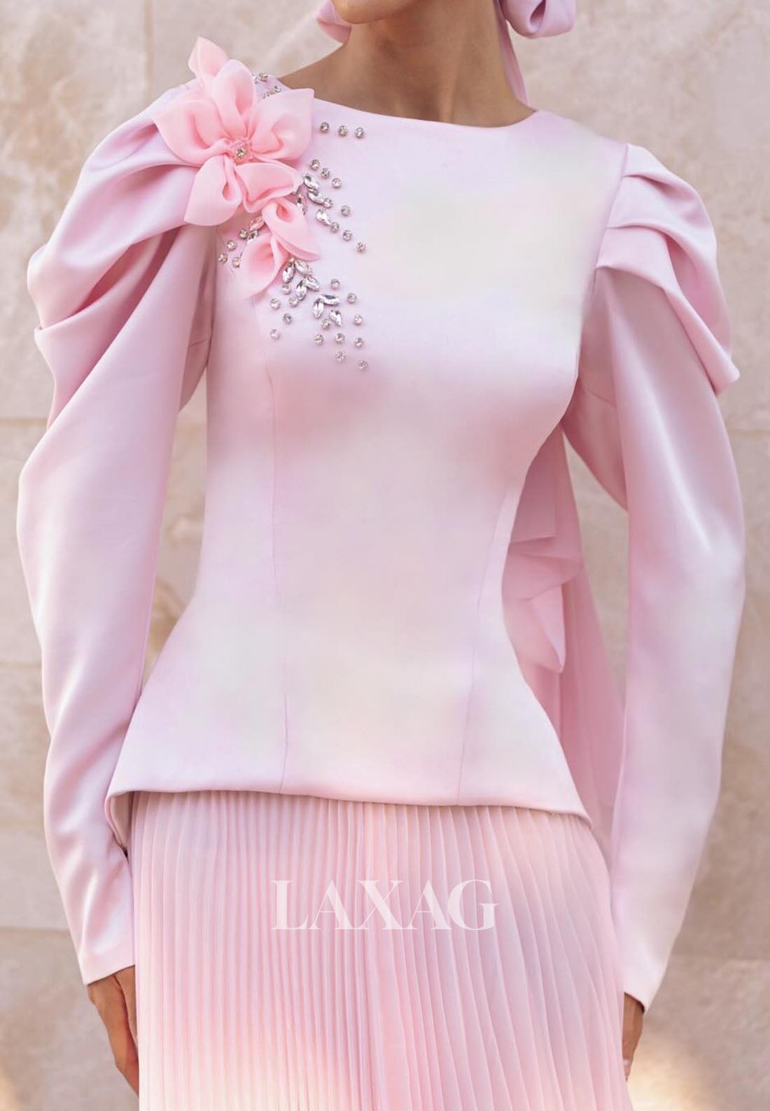 Scoop-Neck Long-Sleeves Mermaid Evening Dress Floral Embellished Rhinestone Chiffon Formal Gowns