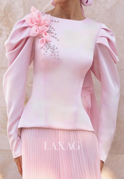 Scoop-Neck Long-Sleeves Mermaid Evening Dress Floral Embellished Rhinestone Chiffon Formal Gowns