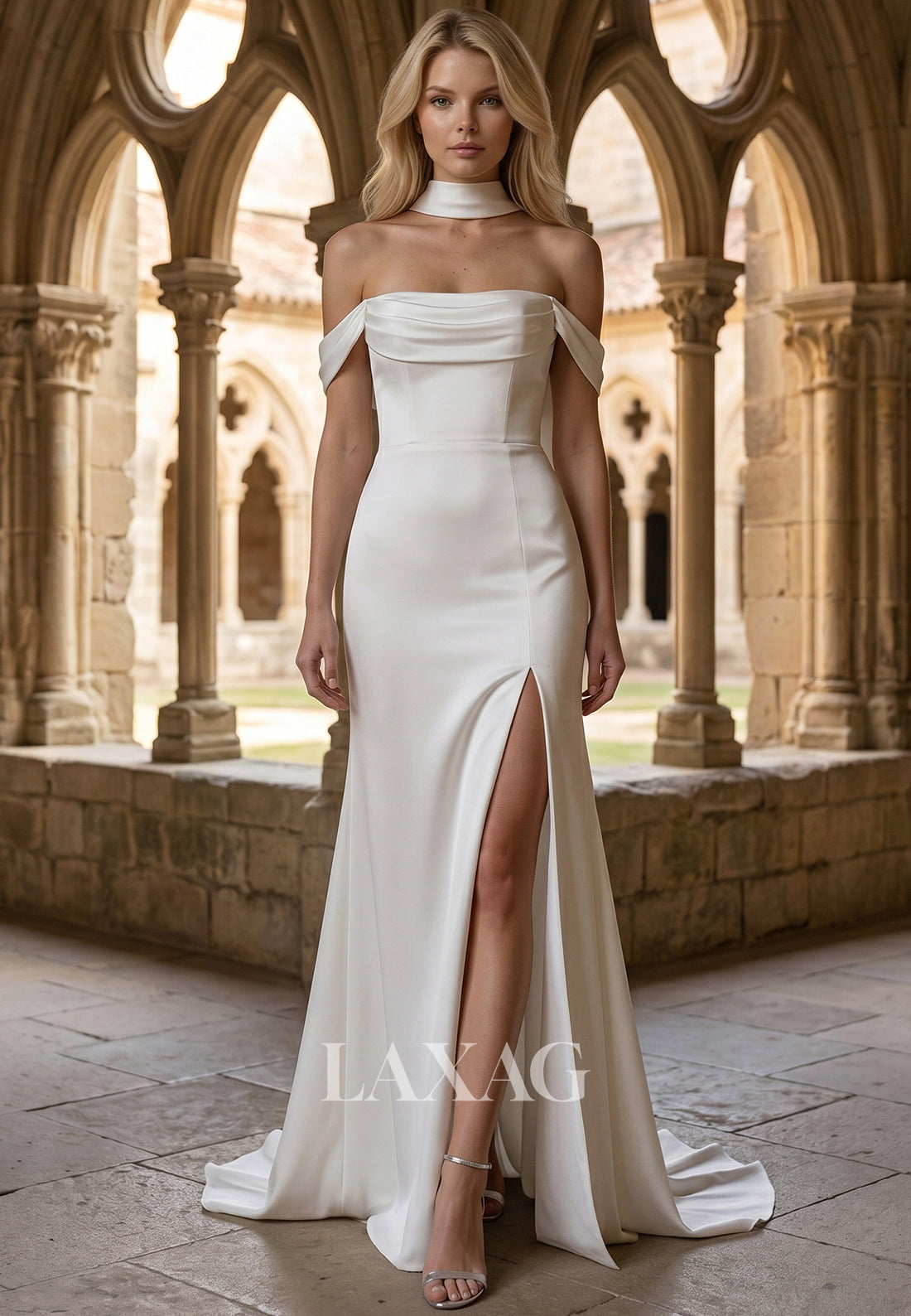 Tube Top Off-Shoulder Sleeveless Satin Pleated Sweep Train A-Line Wedding Dress with Slit