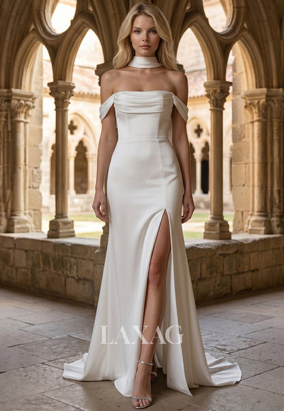 Tube Top Off-Shoulder Sleeveless Satin Pleated Sweep Train A-Line Wedding Dress with Slit